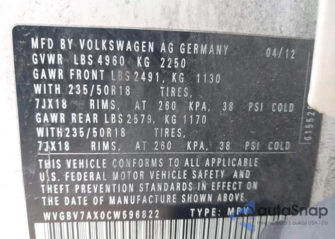 2012 Volkswagen Tiguan Se z USA, uszkodzony, nr VIN WVGBV7AX0CW596822